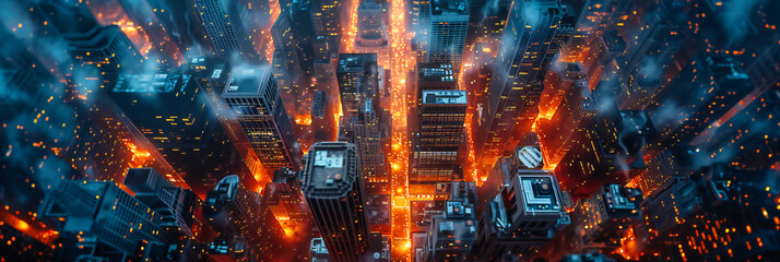 Aerial Night View of a Bustling City, Where Lights and Architecture Merge to Form a Vibrant Urban Tapestry