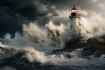 Fototapeta na wymiar Frigid Lighthouse storm winter. Ocean clouds. Generate Ai
