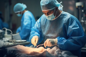 A surgeon in an operating room performing a procedure - obrazy, fototapety, plakaty