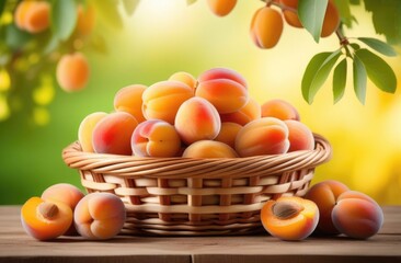 a full wicker basket with apricots on a wooden table, ripe apricots hanging on an apricot tree branch, apricot orchard, apricot plantation, organic farming