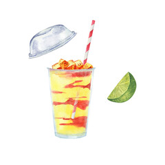 Watercolor summer Mangonada in plastic cup with straw and lime slice. Illustration of frozen cocktail. Mango sorbet, chamoy, pepper chilli.	