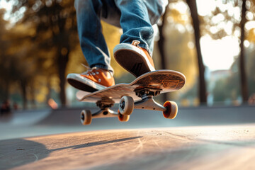 Teenager skateboarder doing trick with skateboard in skatepark, Leisure activity and extreme sport concept