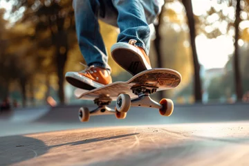 Rolgordijnen Teenager skateboarder doing trick with skateboard in skatepark, Leisure activity and extreme sport concept © Lazy_Bear