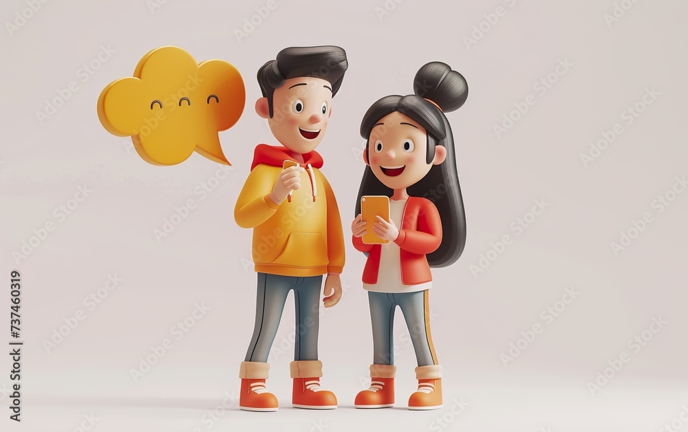 Sticker Illustration of 3d man and woman with a smart phone and speech bubble