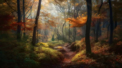 Foto op Plexiglas An enchanting forest with colorful trees in autumn . The background is a mix of bright colors and patterns, and there s a sense of movement in the lines and shapes. The color temperature is warm an s © jordan