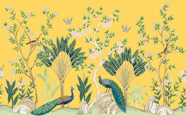 Vintage botanical garden floral tree, palm tree, peacock, birds, butterfly, plant, flower seamless border yellow background. Exotic chinoiserie mural.	
