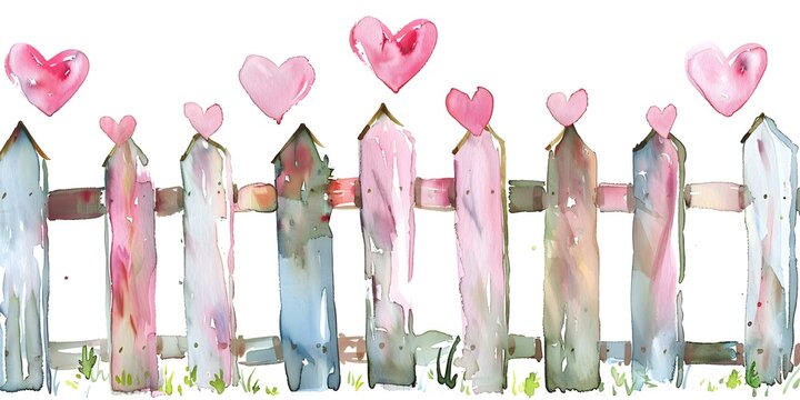 Elegant watercolor fence embellished with pink hearts standing proudly on a blank canvas. Concept Floral Artwork, Whimsical Illustrations, Romantic Decor, DIY Painting, Heart-shaped Crafts