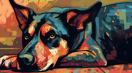 Sad and sick dog . The background is a mix of bright colors and patterns, and there s a sense of...