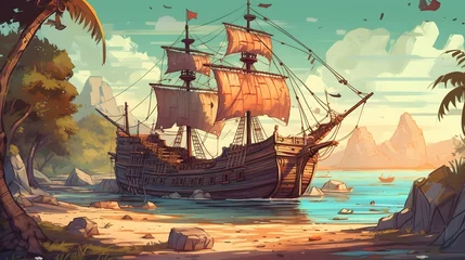 Schilderijen op glas A pirate ship looking for treasure on a deserted island . The background is a mix of bright colors and patterns, and there s a sense of movement in the lines and shapes. The color temperature is wam © jordan