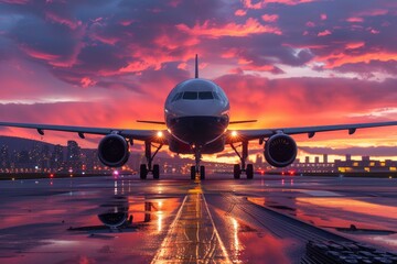 Modern cargo jet at the airport at sunset - obrazy, fototapety, plakaty