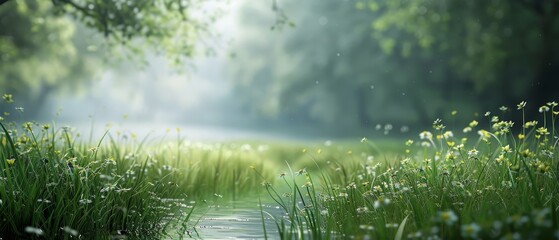 Morning mist hovers over a tranquil lakeside, where delicate wildflowers dot the water's edge. The quietude of nature's awakening is palpable in this soothing landscape