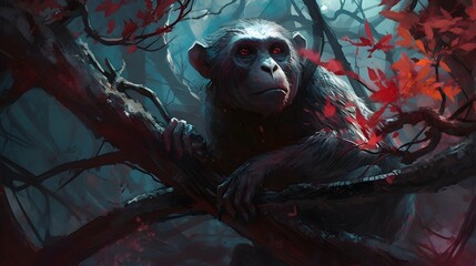 A monkey hanging from tree branches portraiture in the style of cyberpunk realism, sergey musin, toraji, contrast of light and dark, neon highlights, yildiray cinar, light white and dark crimson, t - Powered by Adobe