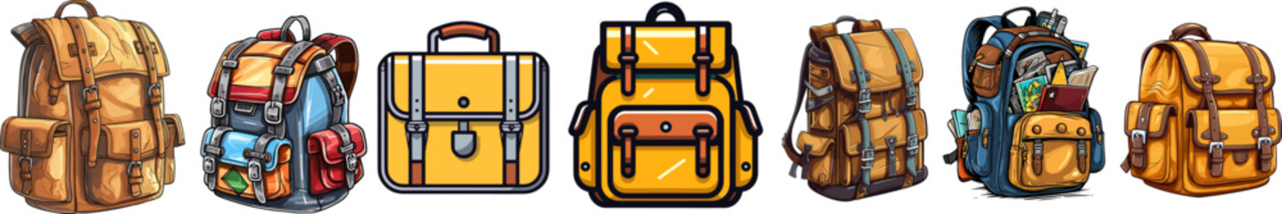 stylish school backpacks collection, isolated on transparent background