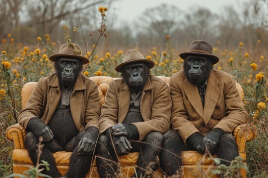 Gorillas in clothes are sitting on a couch outside