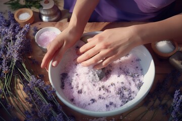 A woman making lavender bath salt by hand with lavender