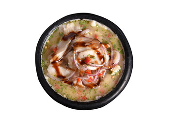 ceviche raw fish food with lemon onion pepper and lemon, healthy food