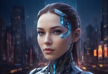 A female, around 25 years old, with brown hair, featuring cybernetic enhancements on her face and...