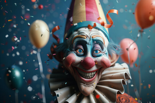 Funny clown on background with festive balloons. Banner for April Fools Day