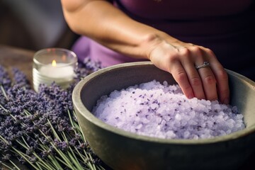 A woman making lavender bath salt by hand with lavender