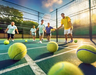 Wide angle shot of active senior men and women are enjoying a coed group tennis lesson on a sunny...