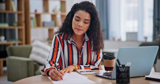 Calculator, coffee and business woman writing in home office check financial budget of company. Documents, finance career and freelance female accountant with cappuccino working on project at house.