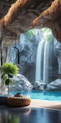 Mountain Waterfall Cave Style Interior - Waterfall Cave Gym Backdrop - Beautiful Bright Exercise Room Indoor Background - Mountain Cave Gym Room Design created with Generative AI Technology