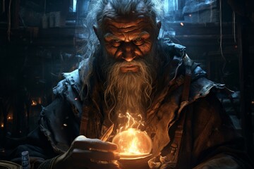 Enigmatic Mage old man fantasy dungeon. Man power. Generate Ai