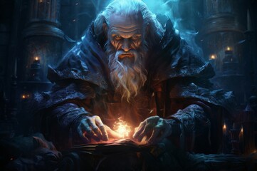 Imaginative Mage old man fantasy dungeon. Man power. Generate Ai