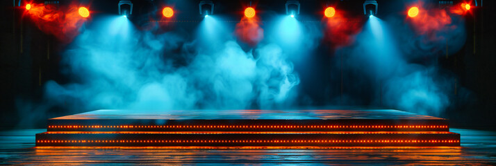 Abstract Dark Stage with Blue Spotlight and Smoke, Empty Concert or Club Background with Glowing Neon Lights