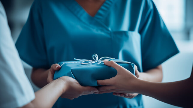 Celebrating International Nurses Day: A hand holding a gift , honoring healthcare heroes