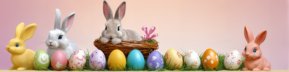 Fototapeta na wymiar Easter bunny and easter eggs in a basket with a text space easter celebration happy easter cute bunny