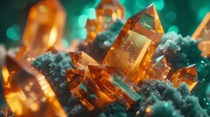 a group of crystals in a bright orange color on a green background
