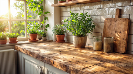 Fototapeta na wymiar Farmhouse kitchen tabletop is adorned with potted plants positioned next to a window.