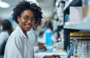 Confident female scientist working in modern laboratory Generative AI image