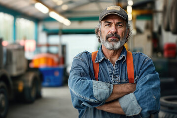 Confident Senior Mechanic in Workshop Setting Generative AI image