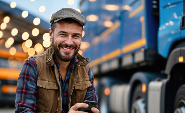 Smiling truck driver with smartphone at dusk Generative AI image
