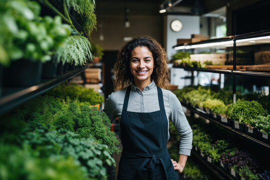 Friendly Grocer Smiling at Organic Produce Section Generative AI image