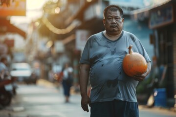 Korean fat man with obesity ,unhealthy living concept - obrazy, fototapety, plakaty