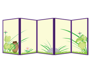 vector design of a traditional Chinese panel similar to a partition or door that is layered with images of grass, flowers and weeds, usually placed in a room as a divider or covering something