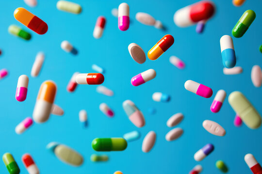 Colorful pills and capsules falling on blue background Generative AI image