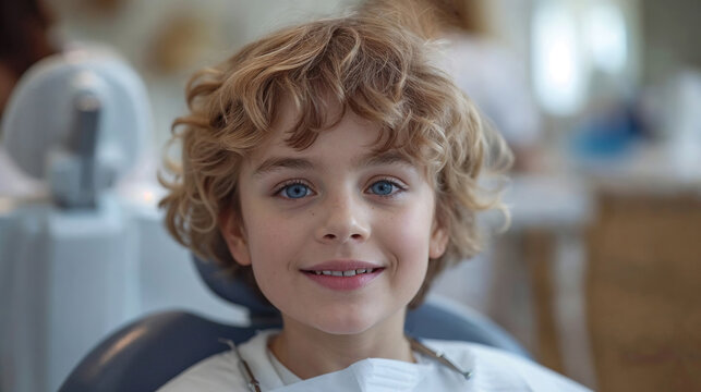 Smiling child in a dental chair ready for a checkup Generative AI image
