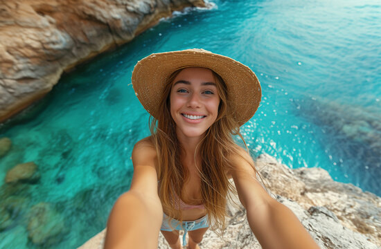 Young woman enjoying a sunny day by the sea Generative AI image