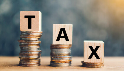 falling blocks with 'TAX' blocks stacked. Symbolizes financial burden, decline, taxation, economic pressure