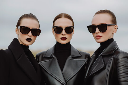 Trio of Models in Sunglasses and Leather Jackets. Generative AI image