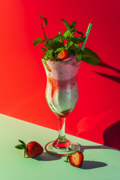 Refreshing strawberry milkshake with mint garnish Generative AI image