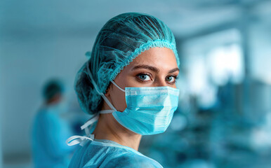Woman Wearing Surgical Mask in Hospital Generative AI