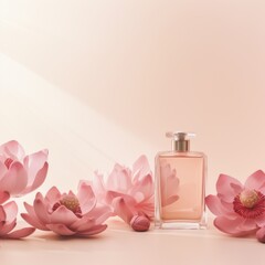 glass perfume bottle on a pink background with lotus, concept of a women's perfume bottle with a delicate floral aquatic aroma