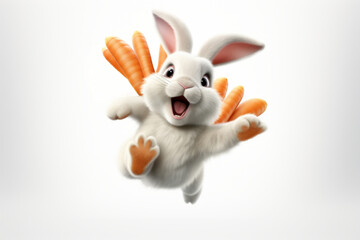 Happy white bunny in mid-jump with carrots. White background. Concept of vitality, healthy eating, kids illustration, funny character, and joy.