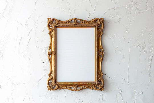 Vintage vertical gold frame hanging on white wall. Golden frame for mock up.