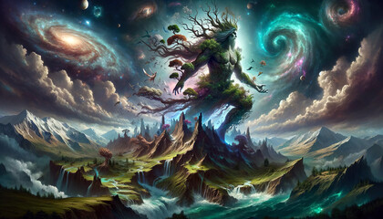 An enchanting mythical landscape with a giant tree deity blending into a vibrant,otherworldly environment,featuring majestic mountains,waterfalls, and a cosmic backdrop.Digital art concept.AI generate
